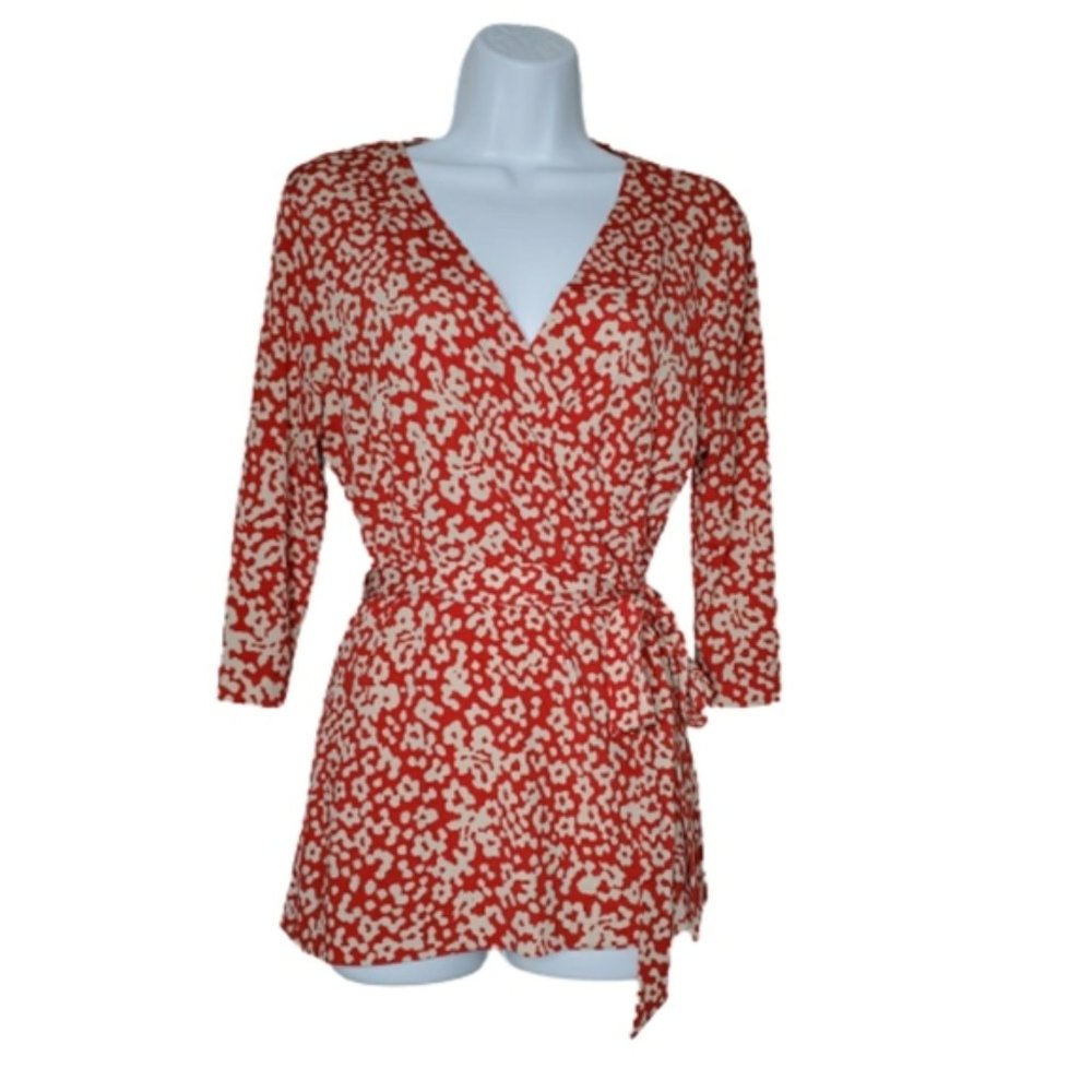 Banana‎ Republic Factory Womens True Wrap Top Red Beige Jersey Size Medium